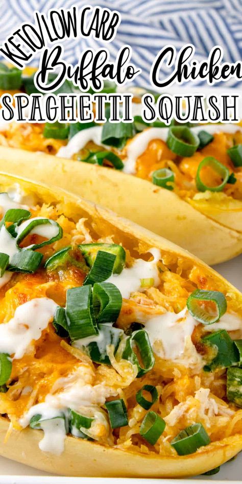 This delicious Buffalo chicken spaghetti squash recipe is a healthy and flavorful way to enjoy your favorite comfort food. It's easy to make and perfect for a weeknight meal. The tender spaghetti squash is combined with shredded chicken, a zesty Buffalo sauce, and topped with shredded cheese. This delicious recipe is hearty and satisfying, but still light and nutritious and perfect for a weeknight dinner. It's sure to become a new family favorite! Spaghetti Squash And Chicken Recipes, Chicken Spaghetti Squash Recipes, Buffalo Chicken Spaghetti, Buffalo Chicken Spaghetti Squash, Keto Buffalo Chicken, Spaghetti Squash Noodles, Spaghetti Squash Recipe, Buffalo Chicken Casserole, Spaghetti Squash Casserole