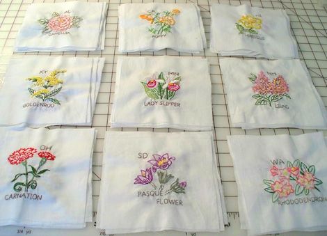 Quilt Patterns Using Embroidered Blocks, Embroidered Flower Quilt, Tilda Solids Embroidery Flower Quilt, Grandmothers Flower Garden Quilt Finishing, Tilda Embroidery Flower Quilt, Embroidery Samples, State Flowers, Clothes Embroidery, Embroidery Quilt