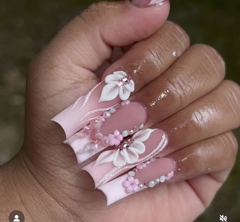 Pink Nails For Quinceañera, Long Square Acrylic Nails Pink, Square Acrylic Nails Pink, Pink Quince Nails, Nails For Quinceanera, Quince Nails, Classy Baddie, Pink Quince, Long Nail