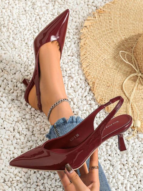 Trendy And Fashionable High Heels Women's Shoes Lady's Single Shoes With Hollow-Out Back | SHEIN USA Cute Heels Classy, Autumn Shoes Women, Formal Heels, Shein Shoes, Burgundy Heels, Fashion Shoes Heels, Shoes Heels Classy, Shoes Hack, Burgundy Shoes