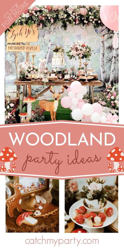 Take a look at this enchanting woodland birthday party! The dessert table and party decorations will blow you away! See more party ideas and share yours at CatchMyParty.com Forest Theme Birthday Party Girl, Boho Woodland Birthday Party, Girly Woodland Birthday Party, Woodland Sleepover Party, Forest Animals Birthday Party Ideas, Woodland Creatures Birthday Party, Woodland Kids Party, Woodland Animals Birthday Party, Woodland Creature Birthday Party