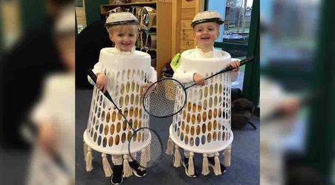 'Gold medal': Kiwi dad goes viral after amazing DIY Olympic costume for twins - NZ Herald Shuttlecock Costume, Olympic Costume Ideas, Olympics Costume, Jungle Themed Room, Knitting Tattoo, Village Festival, Twin Costumes, Sports Costume, Knit Sweater Outfit