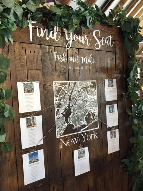 Location Wedding Table Names, Wedding Table Map Seating Charts, Map Table Plan Wedding, New York Theme Wedding, Map Table Plan, Large Wooden Door, Sitting Plan, Contemporary Floral Design, Wedding Table Display