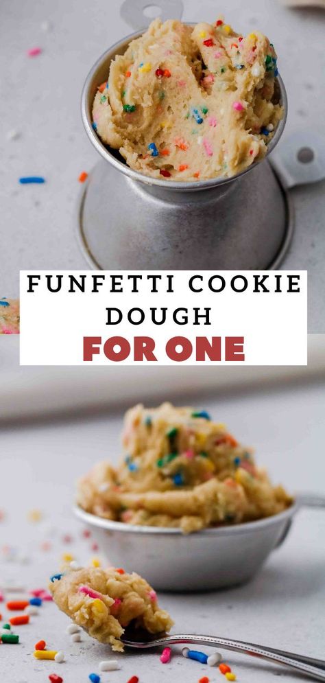 Want a quick and easy sweet treat? This egg-free funfetti cookie dough for one is made with minimal ingredients that you probably already have at home. This safe-to-eat cookie dough can be made in less than 2 minutes and can be enjoyed right away with no chill time. #ediblecookiedough #sugarcookiedough #eggfree #easy #dessert Heat Treated Flour, Funfetti Cookie Dough, Cookie Dough For One, Quick And Easy Sweet Treats, Lifestyle Of A Foodie, Cookie Dough To Eat, Edible Cookie Dough Recipe, Funfetti Cookies, Quick Dessert Recipes