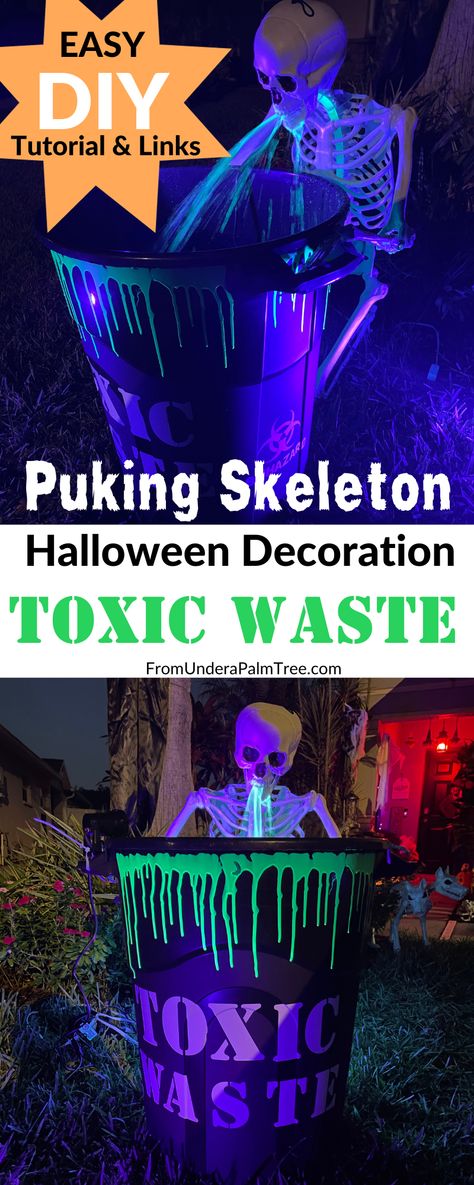 DIY Puking Skeleton Halloween Decoration > From Under a Palm Tree Skeleton Fountain Diy, Diy Skeleton Throwing Up, Puking Skeleton Decoration Diy, Skeleton Puking In Barrel, Toxic Waste Skeleton, Decorating Skeletons, Skeleton Throwing Up In Barrel, Diy Toxic Waste Barrel Skeleton, Puking Skeleton Decoration