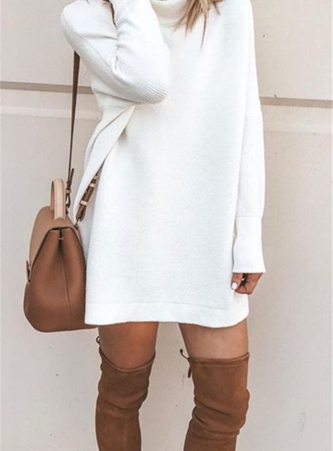 White Sweater Dress, Sweater Dress Casual, Fashion Stand, Pull Oversize, Oversized Turtleneck Sweater, Dresses Casual Winter, Mode Casual, Long Sleeve Casual Dress, Autumn Dress