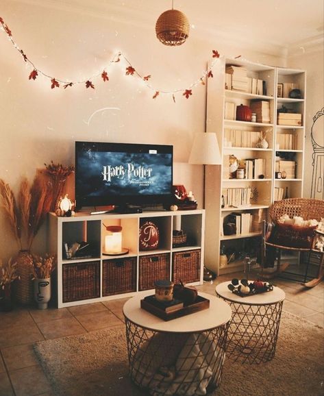 Fall Studio Apartment Decor, Cheap Living Room Ideas Budget, Kallax Living Room Ideas, Cube Organizer Tv Stand, Tv Stand Cozy, How To Decorate Tv Stand, Living Room With Bookshelf, Single Mom Apartment, Decorate Tv Stand