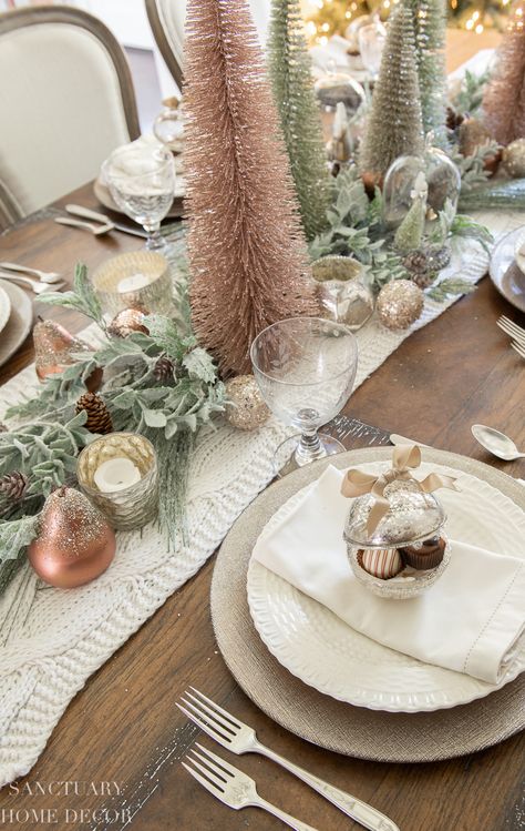 Vintage Christmas Table Setting - Sanctuary Home Decor | Using a beautiful cloche ornament as inspiration, the soft colors of glittered bottle brush trees paired with mercury glass accents create a beautiful vintage Christmas table setting that is perfect for a holiday gathering. Christmas Table Settings Rustic, Pink Christmas Table, Vintage Christmas Table, Sanctuary Home Decor, Sanctuary Home, Christmas Table Setting, Deco Table Noel, Tafel Decor, Rose Gold Christmas