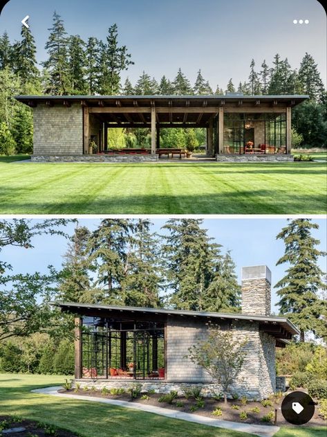 Detached Living Space, Fieldhouse Architecture, Field House Design, Pavilion With Bathroom, Home Pavilion, Modern Pavilion Design, Modern Garden House, Log Seating, Modern Stone House