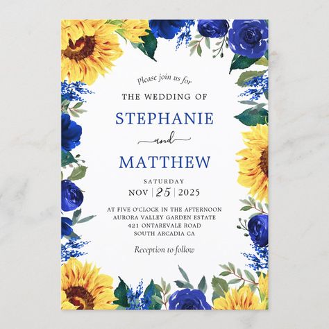 Sunflower Blue Floral Border Wedding Invitation Size: 5" x 7". Gender: unisex. Age Group: adult. Material: Semi-Gloss. Blue Sunflower Wedding, Blue Floral Border, Sunflower Themed Wedding, Navy Blue Wedding Invitations, Sunflower Wedding Invitations, Rustic Fall Wedding, Blue Themed Wedding, Invitation Floral, Burgundy Flowers