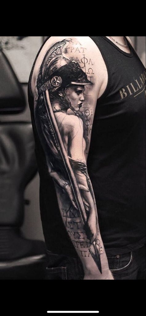 Potrait Tattoo, Arm Tattoos For Men, Tattoo Espalda, Athena Tattoo, Sleeve Tattoos For Men, Valkyrie Tattoo, Viking Tattoo Sleeve, Chicano Tattoos Sleeve, Inner Bicep Tattoo