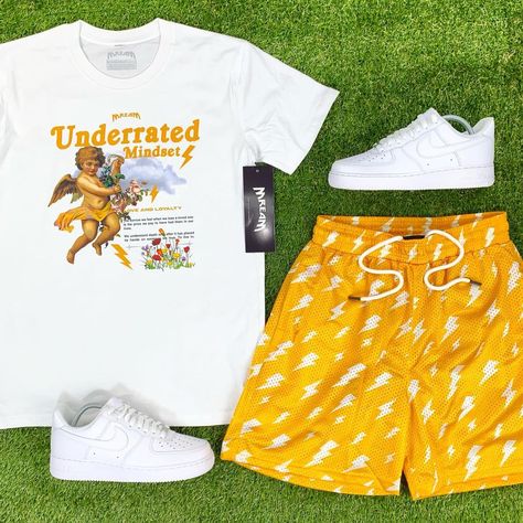 Summer Swag Outfits Men, Yellow Fits Men, Yellow Outfit Men, Mesh Shorts Outfit, Af1 White, Drip Fashion, Guys Fashion Swag, Hype Clothing, Drip Outfit Men