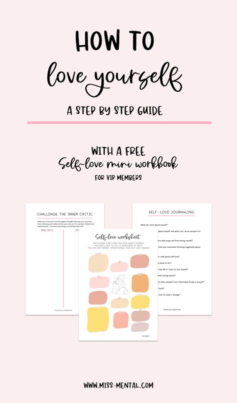 How to love yourself: a step by step guide with accessible exercises that anyone can do. With free printable self-love workbook. Self-love is a journey, not a destination, with affirmations, reframing and self-care you can learn to love yourself. Cause you are worthy of self-love. Self Love Printables, Self Love Exercises Journal, Steps To Self Love, Self Love Guide, Self Love Exercises, Holistic Psychology, Self Love Workbook, Therapy Journaling, Self Care Workbook