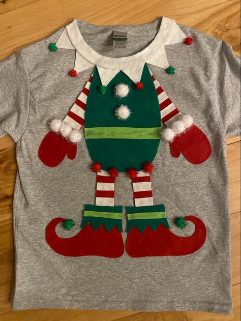 Ugly Christmas Shirts Diy, Elf T Shirt Ideas, Ugly Christmas T Shirt Ideas, Diy Christmas Shirt Ideas, Ugly Christmas Tshirts, Ugly Christmas Sweater Diy Ideas, Diy Christmas Jumper Ideas, Diy Elf Shirt, Ugly Sueter Christmas