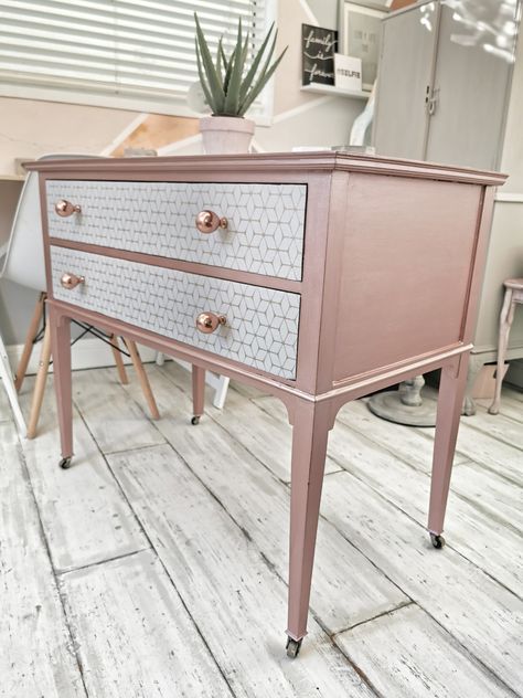 Chest of drawers painted in rose gold paint & decoupaged with geometric wallpaper 💗 Pink Upcycled Furniture, Diy Dresser Makeover Paint Girly, Pink And Gold Dresser Painted Furniture, Bedroom Turned Closet, Pink And White Dressers Painted, Blush Pink Antique Dresser, Gold Dresser, Rose Gold Painting, Refinishing Furniture Diy