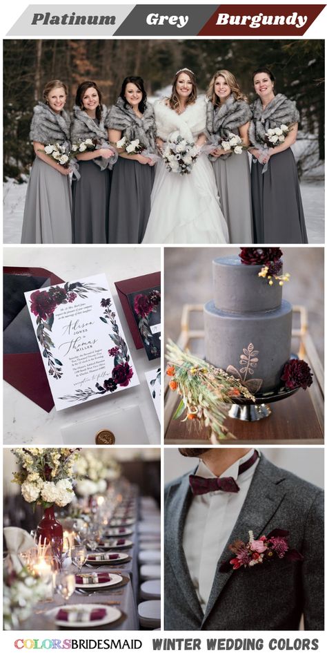 Top 8 Winter Wedding Color Themes for 2024 - ColorsBridesmaid February Wedding Colors, Burgundy Winter Wedding, Wedding Color Themes, Maroon Bow Tie, Burgundy And Grey Wedding, Winter Wedding Trends, Hunter Green Bridesmaid Dress, Ice Blue Bridesmaid Dress, Winter Wedding Color Ideas