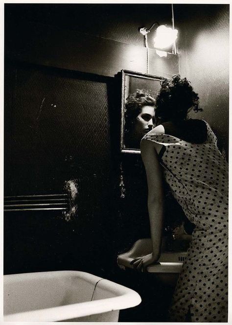 Woman looking in Mirror, ca.1986. Photo David Seidner Woman Looking In Mirror, Film Noir Photography, Looking In Mirror, Mirror Drawings, Live Authentically, Mirror Photography, Lip Liners, Reflection Photography, Mirror Reflection