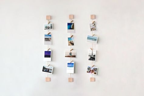 Picture Polaroid, Polaroid Display, Photo Table Numbers, Photo Collage Diy, Photo Wall Display, Picture Arrangements, Polaroid Wall, Photo Wall Decor, Wooden Clothespins