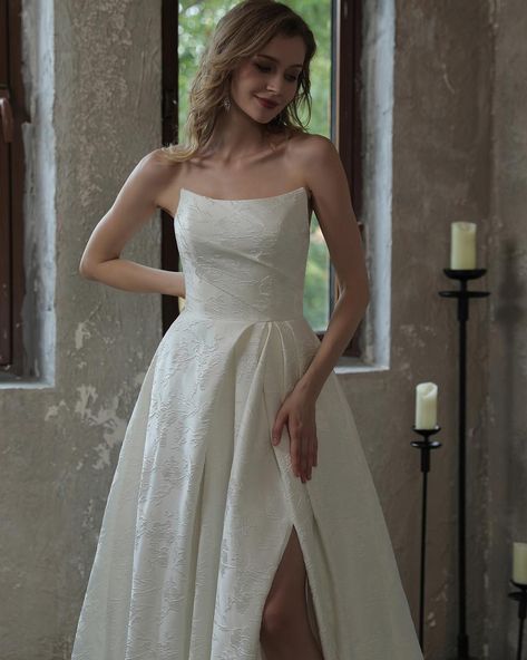 Viktoria ❤️ A beautiful A-line brocade satin gown with pleated skirt. Structured, supportive bodice with Pleated detail To order in ivory or black #niwedding #bridalgown #newcollection #newstyles #bridetobe #elegantstyle #2025bride #wedding #2026bridetobe #2026bride #yestothedress #ballgownweddingdress #bridal #bride #bridallook #2024bride #classicstyle #satinweddingdress Brocade Bridal Dress, Brocade Wedding Dress, Demetrios Wedding Dress, Wedding Dress Style, Silk Wedding Dress, Wedding Dresses Strapless, Satin Wedding Dress, Satin Gown, Yes To The Dress