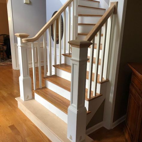 🌊 Project Spotlight: Ocean Stair Rails 🌊 🏠 Transforming Spaces with Elegance and Expertise! This week, we’re shining the spotlight on a stunning project showcasing our commitment to quality and craftsmanship. Check out this sophisticated all-wood railing installation: ✨ Project Features: 🔹Square Box Newels: Beautifully stained white for a sleek, modern look. 🔹Classic Red Oak Railings: Adding a touch of warmth and elegance. 🔹Primed White Square Balusters: A perfect blend of classic and co... White Stairs With Wood Top, White Railing Stairs, Red Oak Stairs, White Banister, White Railing, Square Balusters, Stair Rails, White Stairs, Oak Stairs