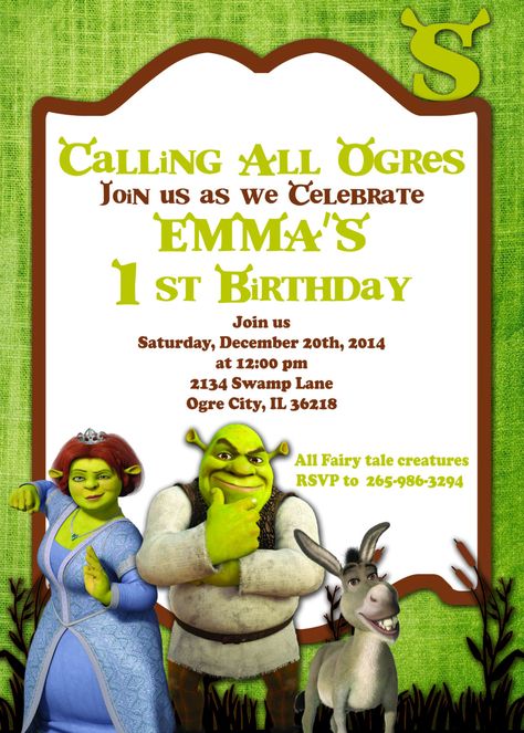 PRINTABLE INVITATION Shrek Invitation Doney Invite by AtomDesign Shrek Birthday Party Invitations, Shrek Birthday Invitations, Shrek Party Invitations, Shrek Invitations, Shrek Drawing, Shrek Wedding, Shrek Birthday, Shrek Party, Bday Themes