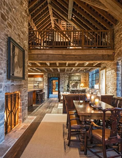 Loft Railing, Club Lounge, Loft Ideas, Traditional Dining, Rustic Stone, Mountain Living, Stone Walls, Timber House, Barn Style House