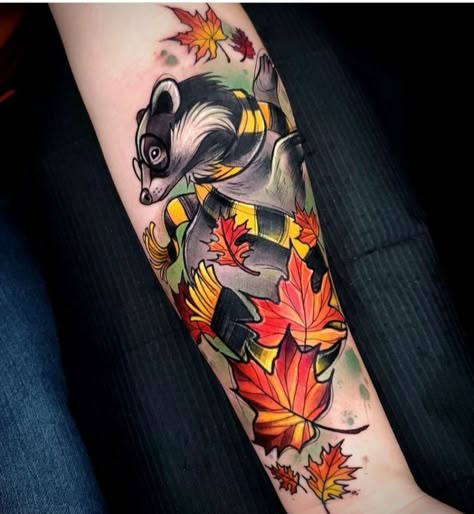 80 Best Harry Potter Tattoos For True Fans Hufflepuff Tattoo, Badger Tattoo, Harry Potter Tattoo Sleeve, Colorful Sleeve Tattoos, Fandom Tattoos, Yellow Tattoo, Harry Potter Colors, Matching Friend Tattoos, Hp Tattoo