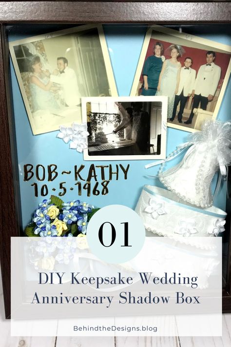 Learn how to create this DIY keepsake wedding anniversary shadow box gift with vintage photos. Plus get a list of anniversary gifts by year. Anniversary Shadow Box, Anniversary Gifts By Year, Shadow Box Ideas, 4th Wedding Anniversary Gift, Blue Scrapbook, Shadow Box Gifts, 14th Anniversary, Keepsake Wedding, 50th Anniversary Celebration