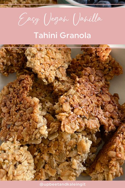 Easy Vegan Vanilla Tahini Granola | Upbeet & Kaleing It Healthy Apple Pie Oatmeal, Sprouted Oats, Tahini Granola, Strawberries And Cream Oatmeal, Cookie Crisp Cereal, Vegan Granola Bars, Make Granola, Vanilla Granola, Granola Ingredients