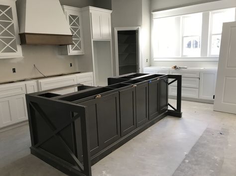 Black fox island, extra white cabinets, repose grey walls. Farmhouse kitchen. Black Island Gray Cabinets, Black Fox Kitchen Cabinets, Eastlake House, Repose Grey, White Kitchen Wall Tiles, Contemporary Farmhouse Kitchen, White Tile Kitchen Backsplash, White Kitchen Countertops, Kitchen Design Countertops