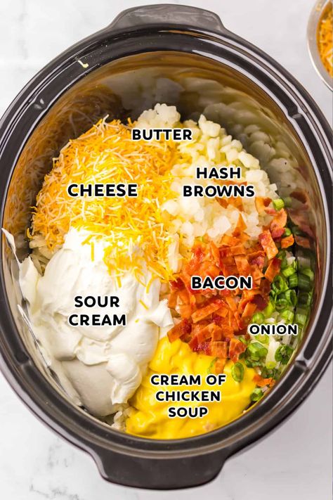 This cheesy Crockpot Hashbrown Casserole recipe is the easiest brunch dish you'll ever make. It only has 5 ingredients and everyone loves it! Breakfast Potato Crockpot Recipes, Breakfast Hashbrowns Crockpot, Side Dishes With Hashbrowns, Cheesy Crockpot Hashbrowns, Cheesy Ham Hashbrown Casserole Crock Pot, Deep Dish Loaded Hash Brown Casserole, Crockpot Potatoes Breakfast, Cheesey Potatoes Hashbrowns In Crockpot, Hashbrown Casserole With Fresh Potatoes