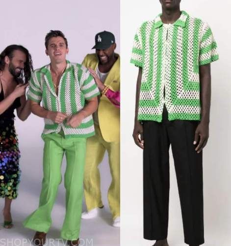 Queer Eye: Season 7 Episode 3 Antoni's Crochet Printed Shirt Queer Crochet, Crochet Granny Square Mens Shirt, Crochet Male Shirt, Men’s Shirt Crochet Pattern, Queer Eye Antoni, Crotchet Men’s Shirt, Eye Clothes, Queer Eye, Where To Buy Clothes