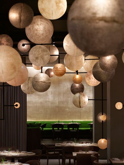 glowing lighting orbs Public Hotel, Design Café, Lights Hanging, Chicago Hotels, Space Opera, Hospitality Design, Hotel Design, Lighting Inspiration, Restaurant Interior