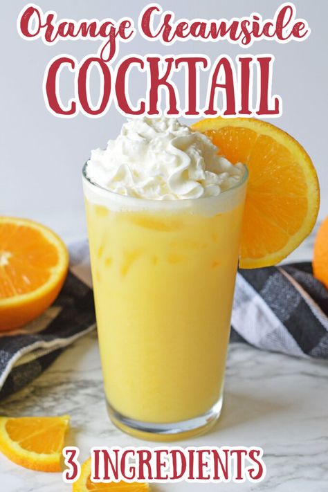 Orange Creamsicle Cocktail - A bright and refreshing cocktail perfect for hot summer days! Made with just orange juice, whipped cream vodka, and cream of coconut, this drink is easy and delicious! Summer Cocktails | Orange Creamsicle Cocktail | Easy Cocktail Recipes | Orange Cocktail #cocktail Orange Creamsicle Crush, Creamsicle Crush Cocktail, Orange Dreamsicle Drink Alcohol Vodka, Orange Creamsicle Jungle Juice, Orange Creamsicle Cocktail Recipe, Orange Dreamsicle Cocktail, Cream Cicle Drink, Orange Creamsicle Drink Alcohol, Drinks With Orange Juice