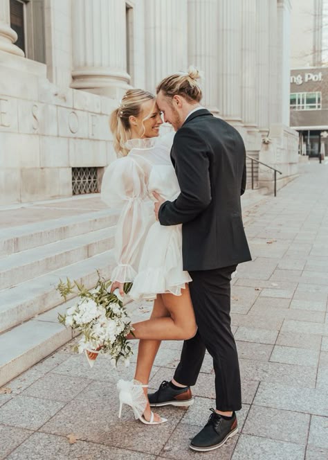 Luxury Courthouse Wedding, Micro Wedding Courthouse, Wedding Dress Semi Formal, Courthouse Wedding With Bridesmaids, Short Wedding Dress Pictures, Philadelphia City Hall Engagement Photos, Atlanta City Hall Elopement, Reception Dress And Sneakers, Little White Dress Engagement Photos