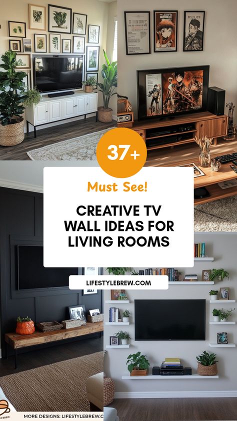 Explore 37 creative living room TV wall ideas that blend style and functionality. From modern minimalist designs to rustic charm, these ideas will inspire you to transform your space. Discover ways to emphasize your TV setup while enhancing the room's aesthetic. Incorporate floating shelves, entertainment consoles, accent walls, and artwork to create a unique television area. Ideal for any style preference, find the perfect backdrop for movie nights or cozy family gatherings. Reinvent your living room TV wall today to create a space you’ll love. Black Wall With Tv, Family Room Tv Wall Ideas Modern, Tv Wall Accent Ideas, Decorate Around Tv On Wall, Family Room Tv Wall Ideas, Floating Shelves Around Tv, Room Tv Wall Ideas, Living Room Tv Wall Ideas, Floating Shelves Tv Wall