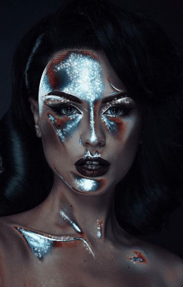 Sci Fi Makeup, Alien Make-up, Robot Makeup, Cyberpunk Makeup, Iridescent Makeup, Futuristic Makeup, Fantasy Make-up, Alien Makeup, Cool Halloween Makeup