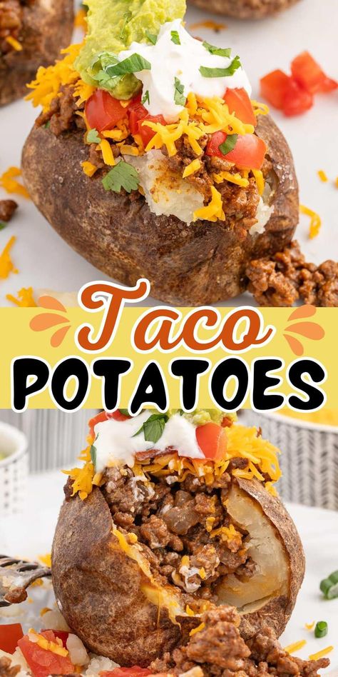 Taco Baked Potatoes, Taco Baked Potato Recipes, Taco Stuffed Baked Potatoes, Taco Baked Potato, Simple Baked Potato, Taco Potatoes, Princess Recipes, Taco Fixings, Potatoes Dishes