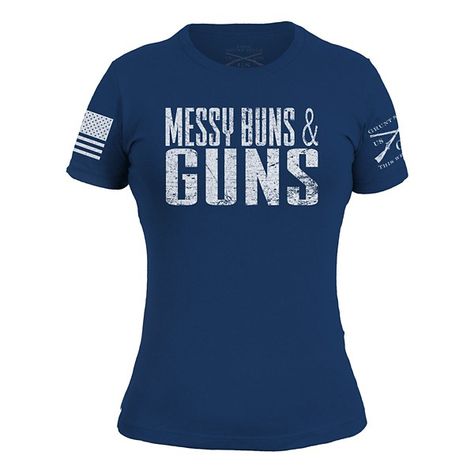 Messy Buns and Guns.  Sizing Tends to run small, order a size up if you're unsure  Please reference our size chart:  Our Graphic Tees are crafted with the following details:  100% combed ringspun cotton Ultra-comfortable and soft for all-day wear Tagless, itch-free design A ribbed collar that won't lose its shape Machine wash cold Tumble dry low Community Shirt, Grunt Style Shirts, Name A Better Duo, Country Fits, Jeep Shirts, A Messy Bun, Messy Buns, Grunt Style, Fashionable Clothes