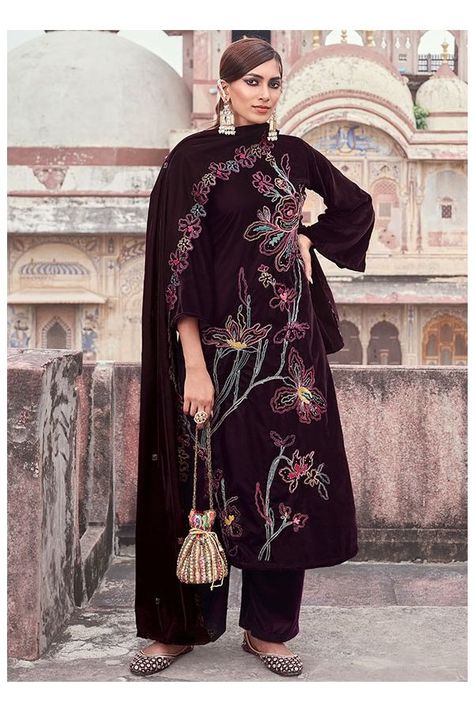 Wine Velvet Designer Suit Velvet Designer Suits, Maroon Dupatta, Velvet Kurta, Velvet Dupatta, Wedding Salwar Kameez, Designer Embroidery, Black Lehenga, Dark Maroon, Sequin Sleeve