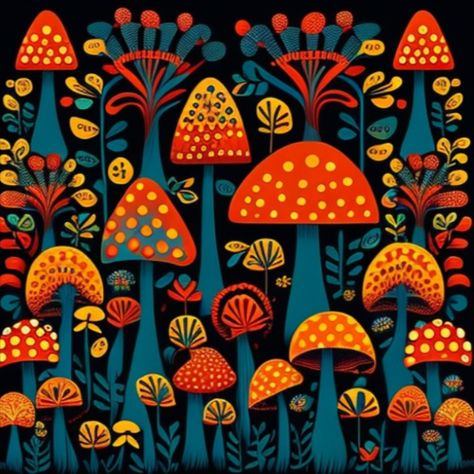 Colorful Folk Art, Folk Art Elements, New Mexican Art, Mushroom Folk Art, Autumn Folk Art, Whimsical Mushroom Art, Psychadelic Art Patterns, Folk Art Color Palette, Diy Mexican Decor