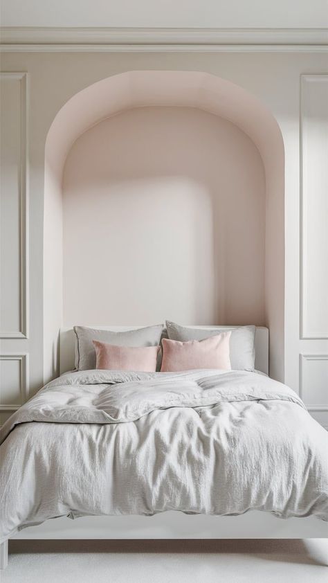 look. #PinkAccentWall #BedroomDesign #WallInspo #SubtleElegance #HomeTrends Neutral Bedroom With Pink Accents, Pink Bedroom Accent Wall, Room Inspiration Wallpaper, Light Pink Accent Wall, Light Pink Bedroom Walls, Bedroom With Pink Accents, Light Pink Bedroom, Bedroom Aesthetic Pink, Pink Accent Wall