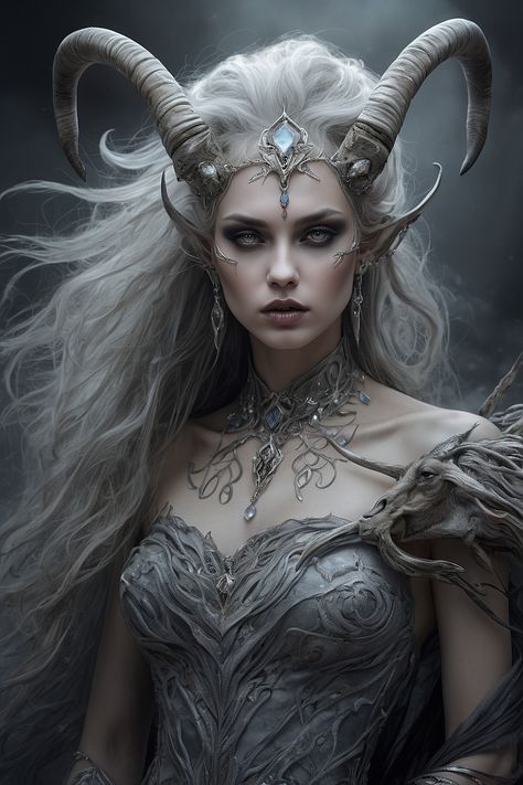 Goddess With Horns, Woman With Antlers, Horned Fairy, Woman With Horns, Horned Goddess, Viking Warrior Woman, Goat Horns, Mythical Creatures Fantasy, Female Vampire