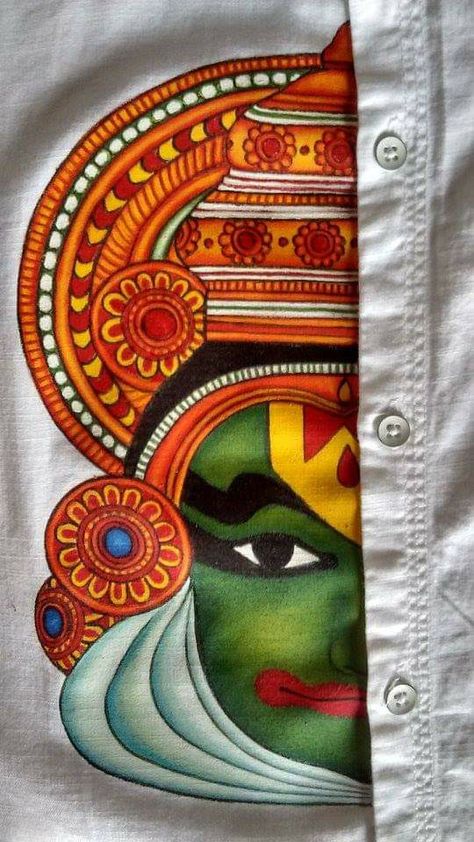 Kerala Mural Painting On Saree, Theyyam Drawing Outline, Kadhakali Paintings Simple, Kathakali Face Drawing Outline, Mural Painting On Shirt, Kathakali Painting Acrylic, Theyyam Drawing, Kathakali Drawing, Theyyam Painting