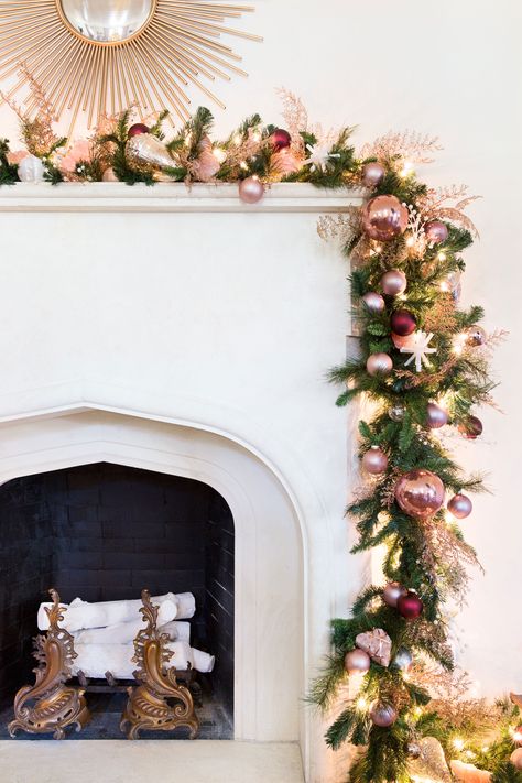 rose gold + rose quartz garland for the mantle. Rose Gold Christmas Decorations, Mantle Garland, Rose Gold Decor, The Mantle, Rose Gold Christmas, Christmas Mantle Decor, Christmas Fireplace Decor, Rose Garland, Gold Christmas Decorations