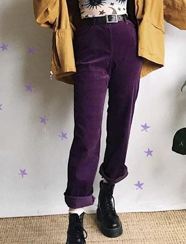 Purple Cords Outfit, Corduroy Shorts Outfit Fall, Purple Courderoy Pants Outfits, Purple Corduroy Pants Outfit, Dark Purple Pants Outfit, Purple Trousers Outfit, Space Academia, Purple Plaid Pants, Purple Pants Outfit