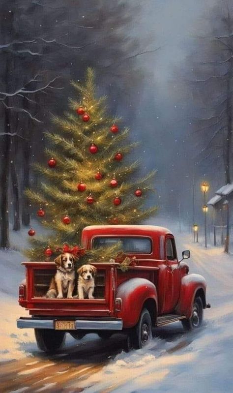 Christmas Puppies, Rhinestone Embroidery, Christmas Red Truck, Christmas Scenery, Embroidery Diy, Cute Christmas Wallpaper, Christmas Themes Decorations, Diy Cross, Christmas Car