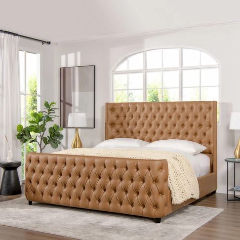 Brooklyn Upholstered Bed Brown Bed Frame, Statement Bed, Leather Bed Frame, Winged Headboard, Wingback Bed, Yellow Bedding, Jennifer Taylor, Box Spring Bed, Standard Bed