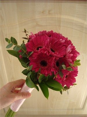 Gerbera Bridal Bouquet, Hot Pink Wedding Bouquet, Braid Flower, Senior Homecoming, Prom Corsage And Boutonniere, Burgundy Lipstick, Hot Pink Weddings, Pink Gerbera, Eucalyptus Bouquet