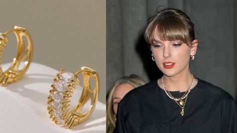 We Found the Exact $52 Hoop Earrings Taylor Swift Keeps Wearing Taylor Swift Earrings, Riveted Ring, Pop Culture Moments, Alaia Dress, Inexpensive Jewelry, Nfl Fans, Dinner With Friends, Sparkly Earrings, Cara Delevingne